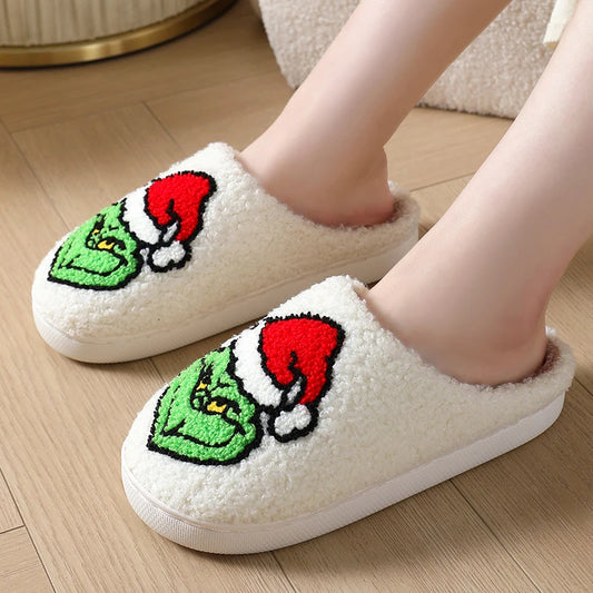 Women's Grinch Christmas Slippers - Plush Faux Fur Winter Slides