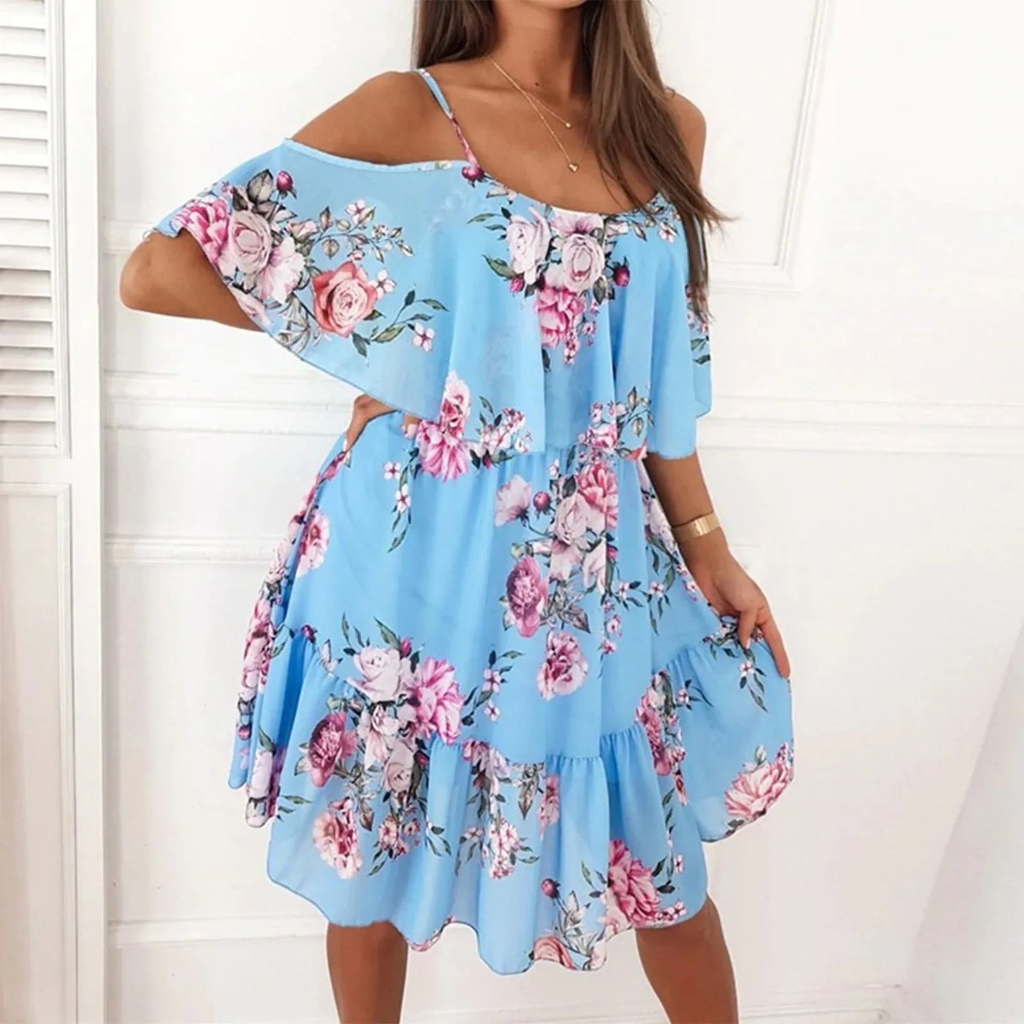 Women'S Spring/Summer New European Chiffon Printed Sexy Off Shoulder Strap Large Swing Ruffle Edge Dress.  S-2x