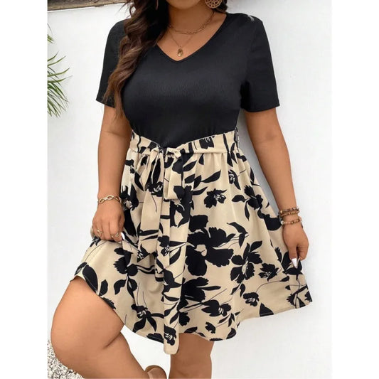 Plus Size V-Neck Party Dress - Waist Strap Patchwork Casual Dress