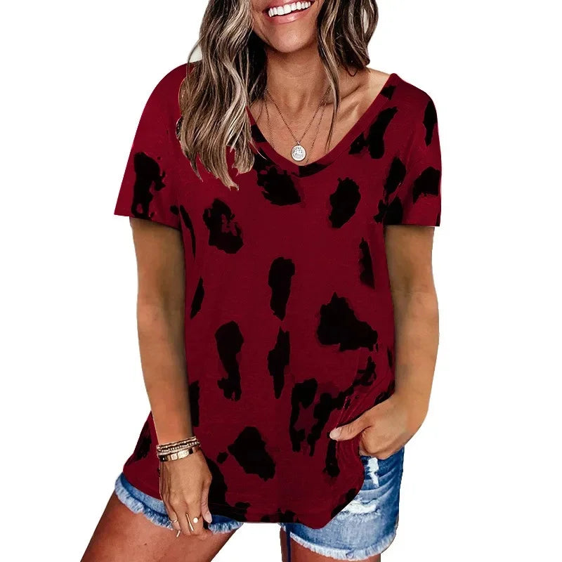Summer Hot Sale Of The Season Women's Loose Casual V-neck Short Sleeve Leopard Print Top Fashion Style