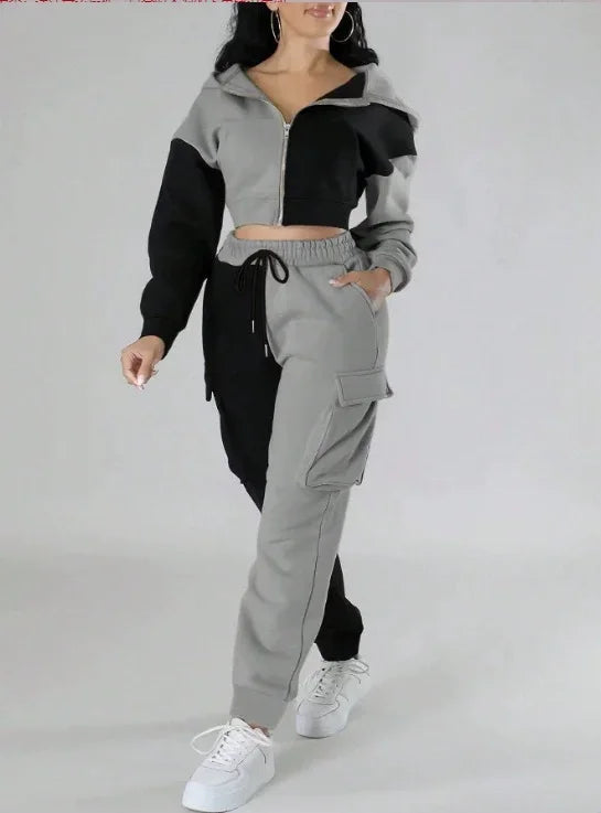 Women Loose Two Piece Matching Set Zip- Up Hoodie And Drawstring Cargo Pants Suit.  S-2x