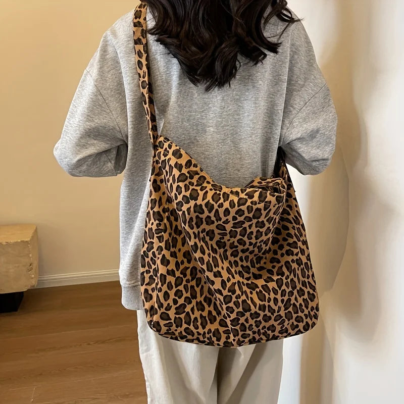 Vintage Leopard Print Women's Bag Large Capacity Canvas Shoulder Bags Daily Commuting Crossbody Bag.