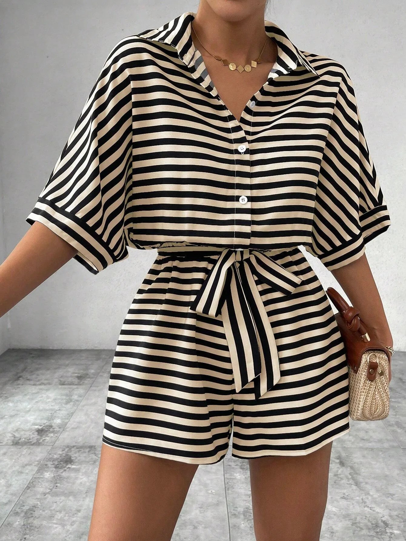 Summer New Set For Women's Casual Loose Comfortable Outfit Fashion Striped Shirt Top+ Shorts 2-piece Set.  S-2X