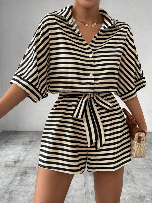 Summer New Set For Women's Casual Loose Comfortable Outfit Fashion Striped Shirt Top+ Shorts 2-piece Set.  S-2X