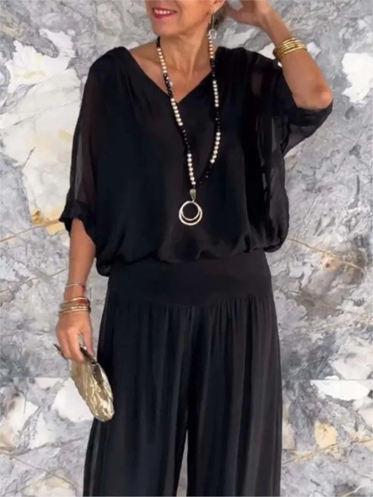 Women's Sexy V-neck Short Sleeved Top And Wide Leg Pant Set Chiffon Casual Loose Outfit.  S-3X