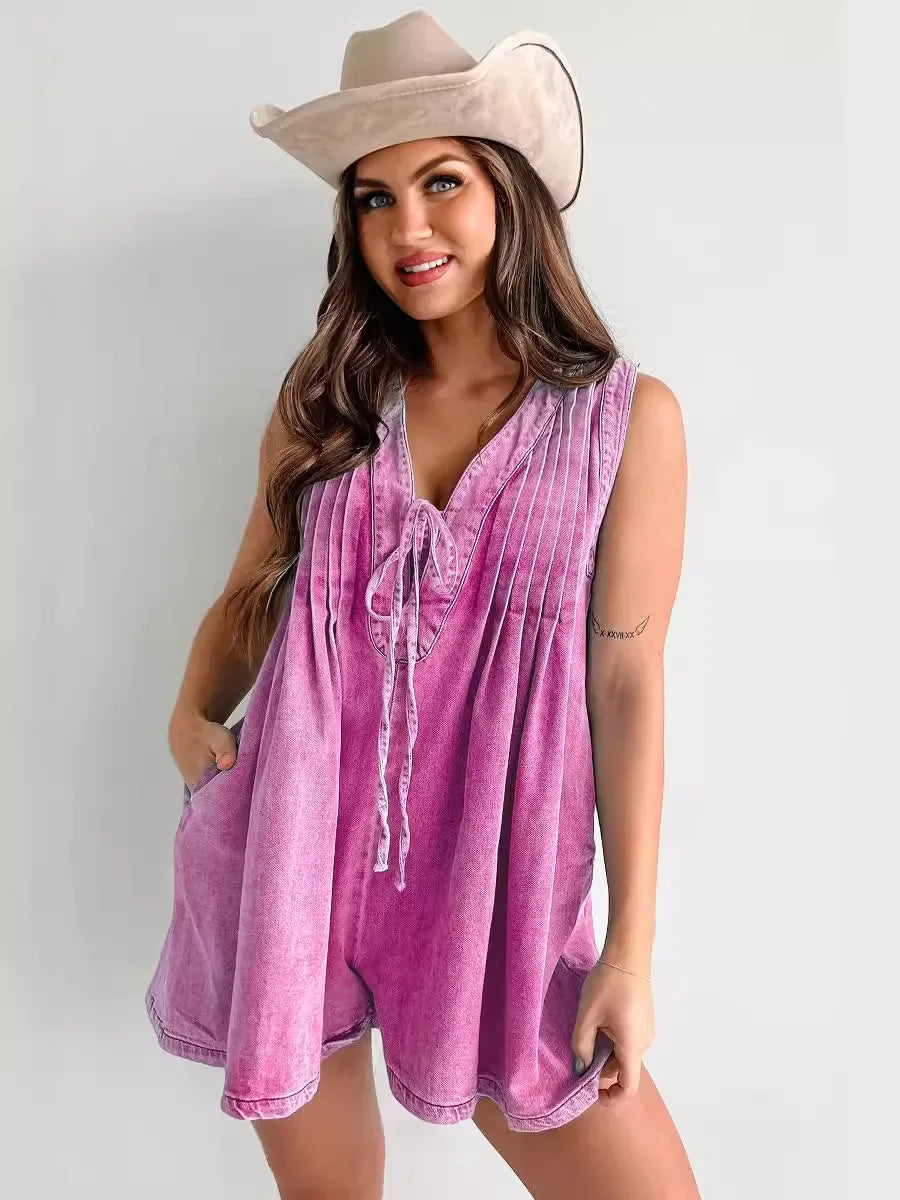 Women One Piece Denim V Neck Overalls Short Pants Casual Loose High Waist Romper 2025.  S-XL