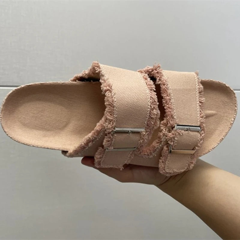 2025 Summer Women Fashion Designer Female Canvas Metal Buckle Flat Soft Sole Sandals.
