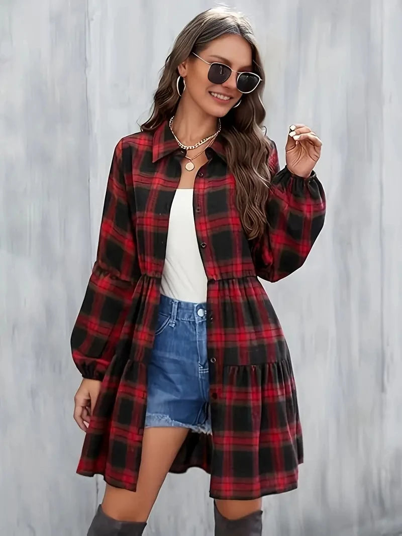 Plaid Print Button Front Dress, Elegant Lantern Long Sleeve Dress Or Women's Clothing.  S-2X