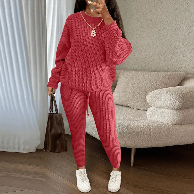 Two Piece Women Autumn Fashion Casual Solid Round Neck Pullover Loose Pit Knitted Sweater Pants Suit.  S-3XL