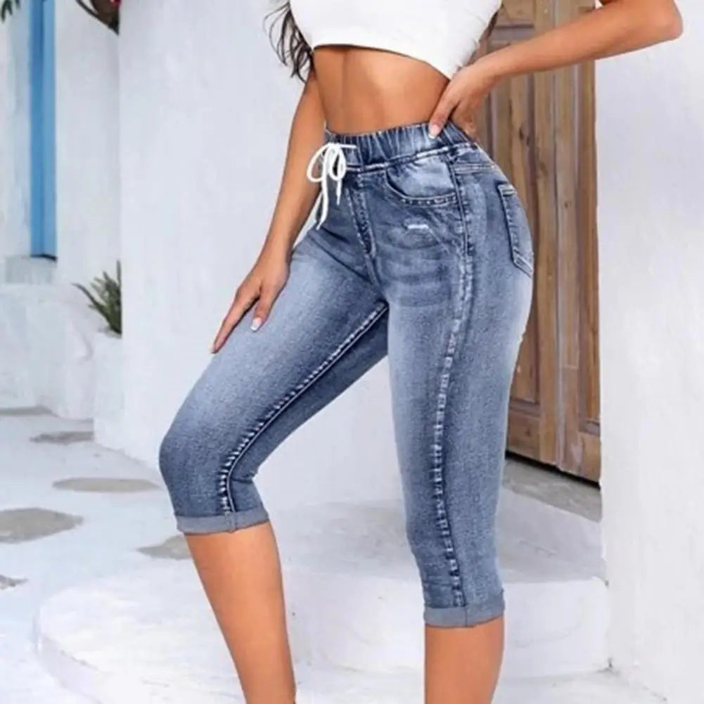 High Waist Vintage Elastic High Waist Drawstring Denim Pants/Capri Jeans Slim Fit