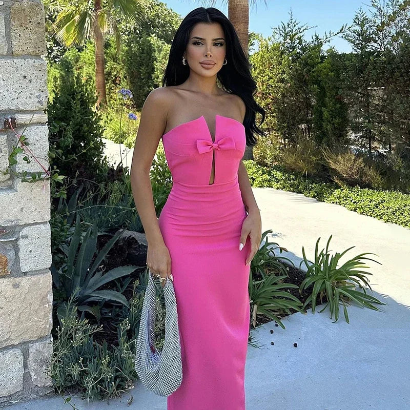 Fashion Sexy Maxi Dress For Women Summer Elegant Strapless Sleeveless Bow Solid Slim Dress Party Dress.   S-L