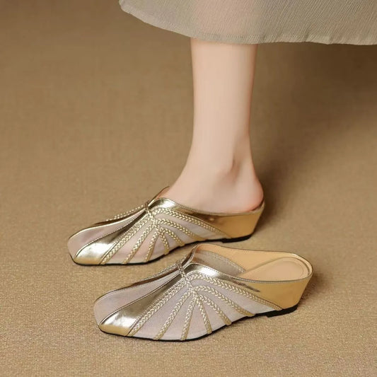Women's Mesh Hollow Splicing Wedge Heel Mules Shoes Summer Cool and Comfortable Breathable Inner Height Increase Baotou Slippers