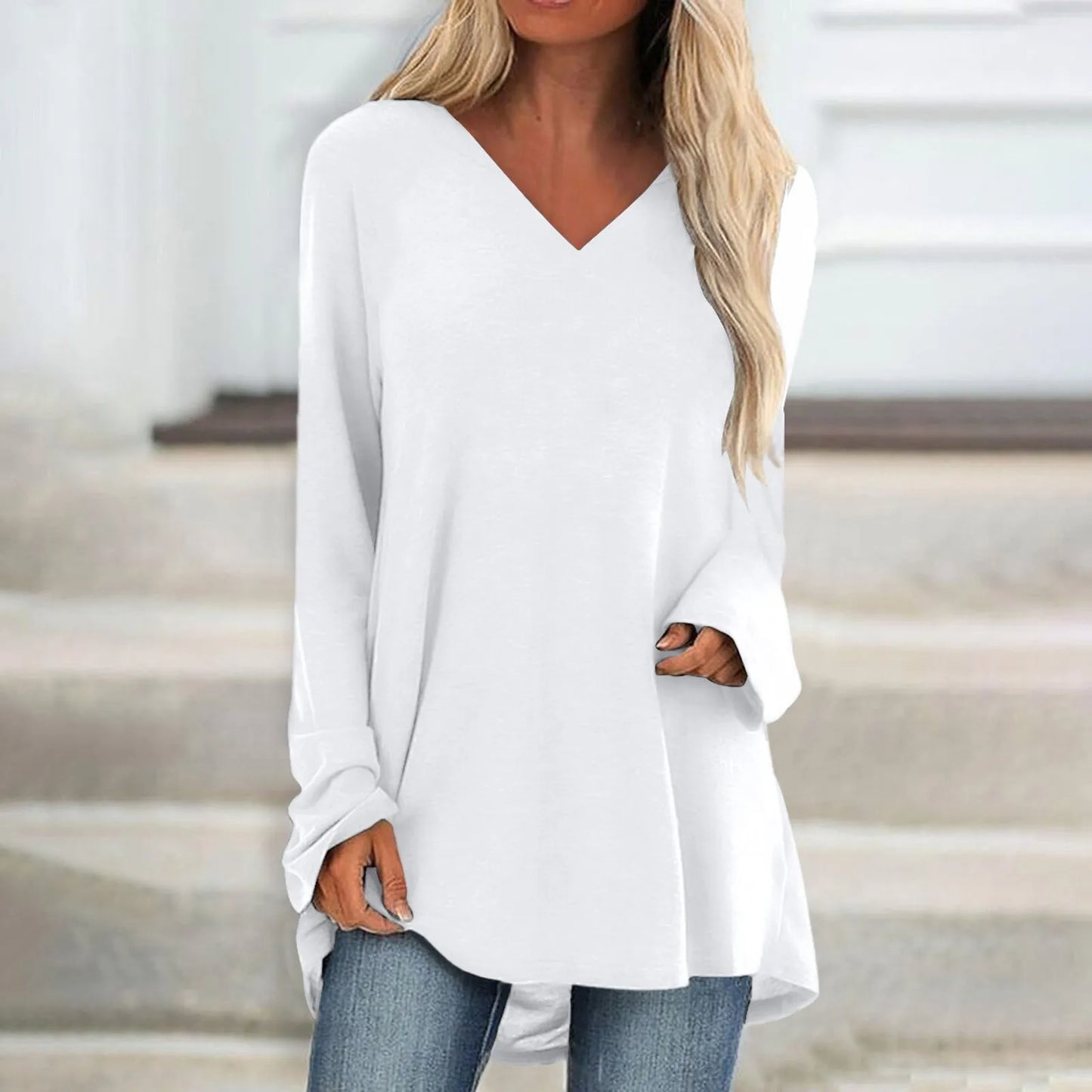 Women's Summer T-shirt Casual Long Sleeve V-Neck Solid Colour Loose Long Blouse/Shirt.  S-3xl