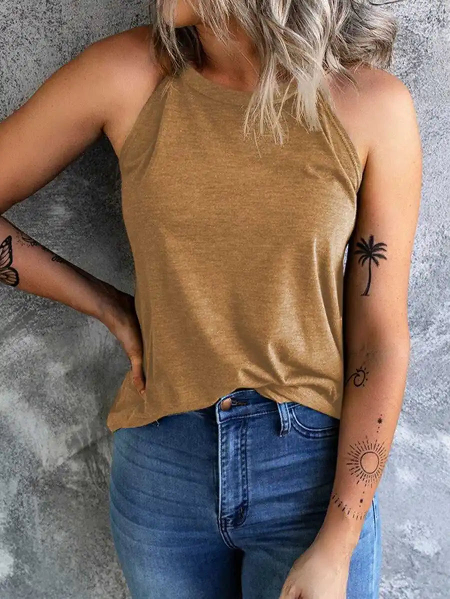 Women's Summer Sleeveless Halter Tee Shirts Crew Neck Workout Tank Tops Casual Plain Shirts.   S-2X