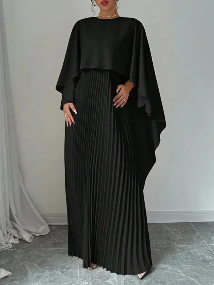 New Female Stylish High-Low Party Evening Maxi Dress Spring Autumn Cape Sleeves Solid Color Pleated Long Dress.  S-2X