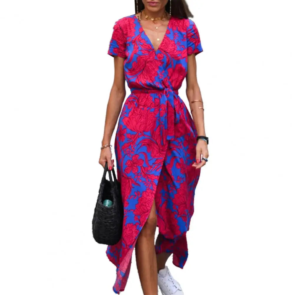 Women Midi Dress V-neck Short Sleeve High Waist Summer Dress.  S-XXL