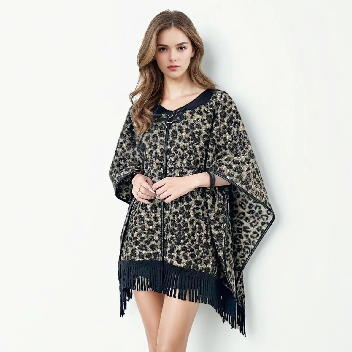 Quality Fashion Classic Leopard Zebra Stripes Like Wool Cape Coat Women Autumn Winter Outerwear Leather Collar.