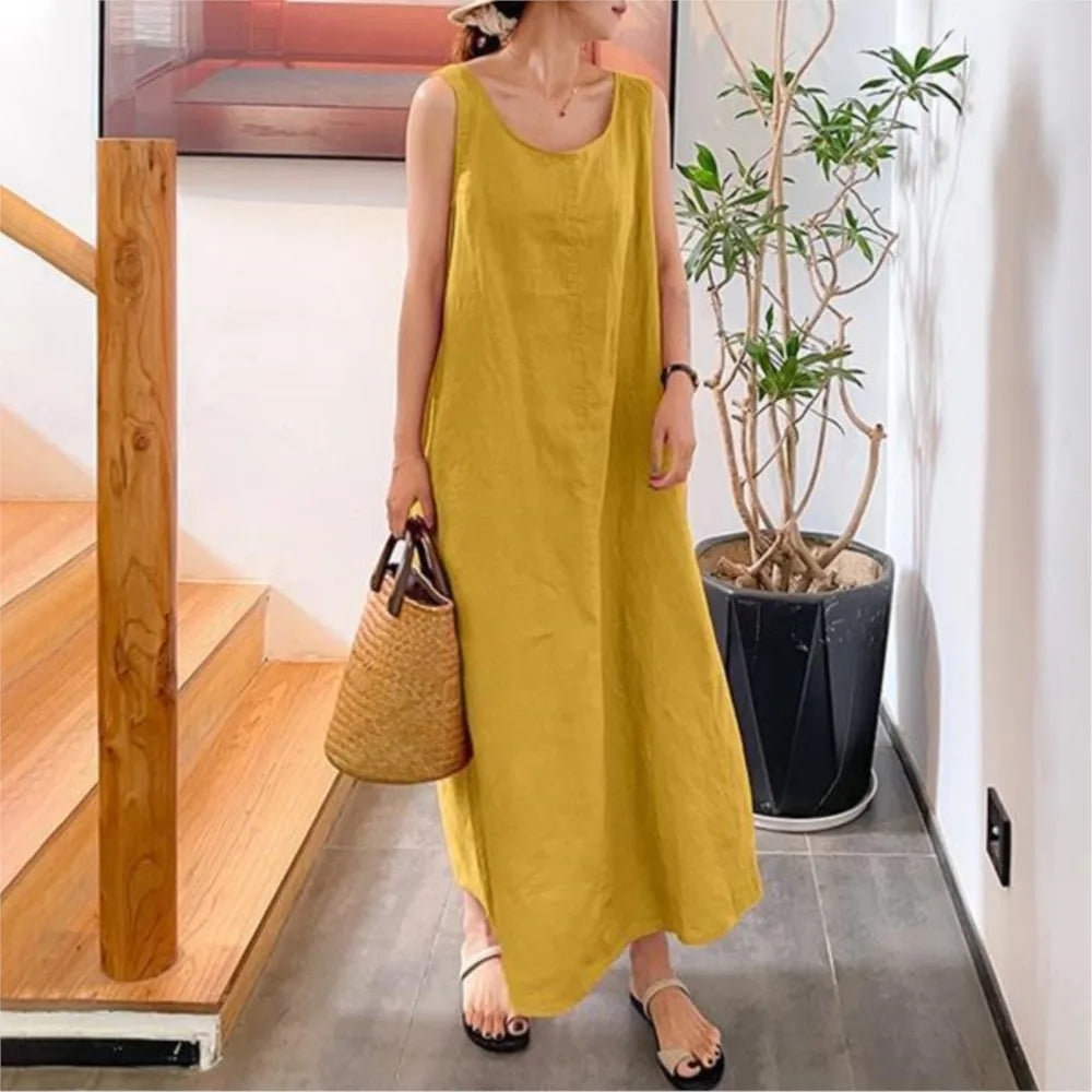 Fashion Cotton And Linen Simple Women's Long Dress Summer Casual Loose Pocket O-neck Elegant Women's Sundress.  S-4X