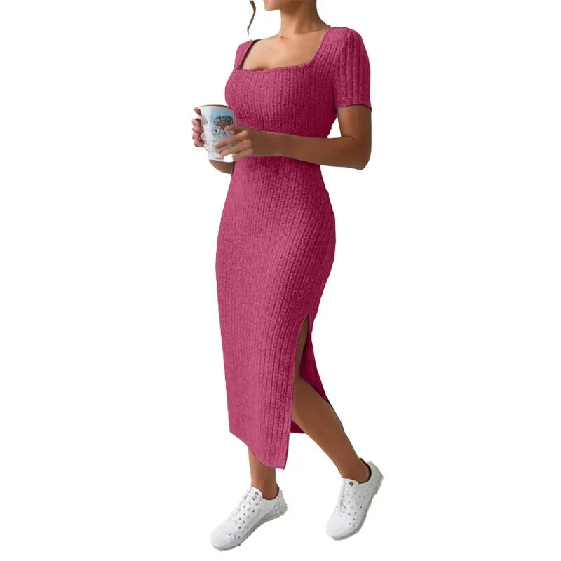 Ladies Square Neck, Hip-Hugging Mid-Length Dress Short-Sleeved, Versatile Knitted Slit Dress