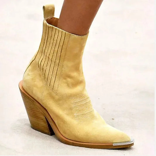Women's Ankle Slip On, Block Heel Short Boot,Metal Pointed Toe,34-43.