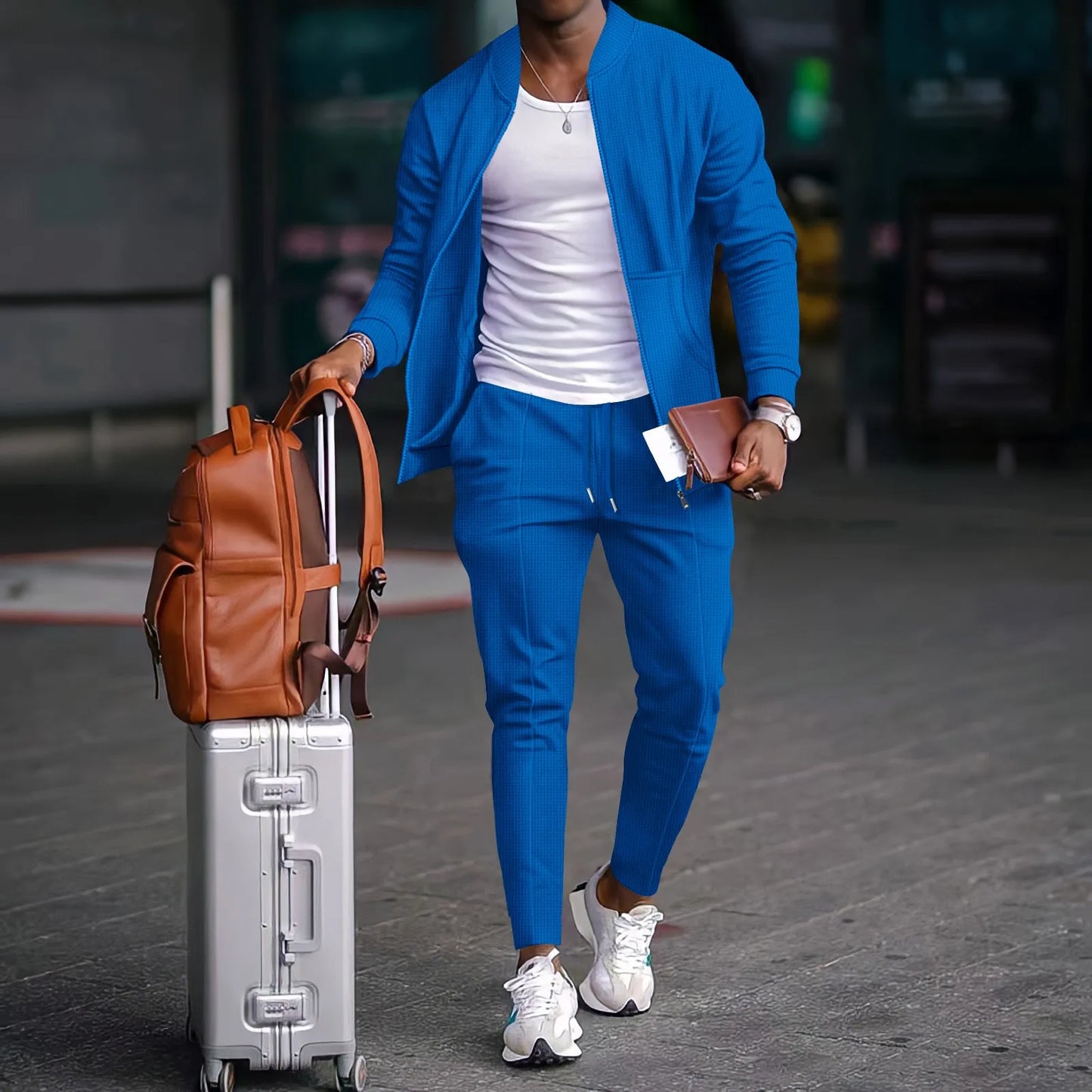 2025 new spring and autumn men stand collar solid color baseball casual Waffle full pants two piece men's suit.  SZ: S-3X