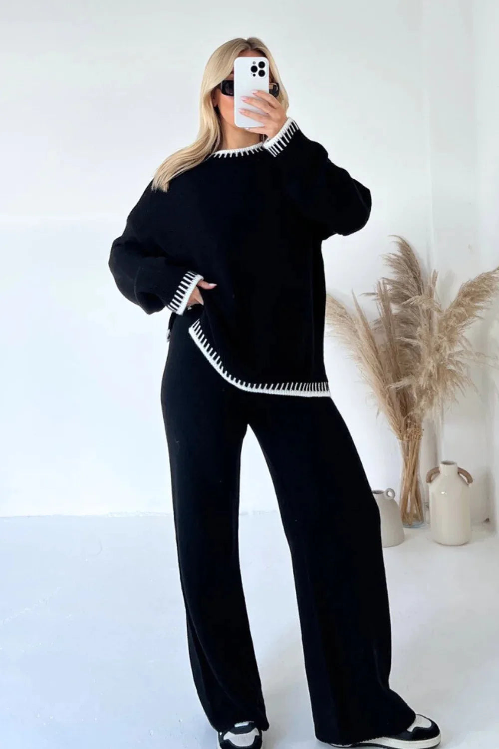 Ladies Knitted 2 Piece Set Casual Loose O Neck Pullover Top Wide Leg Pants.