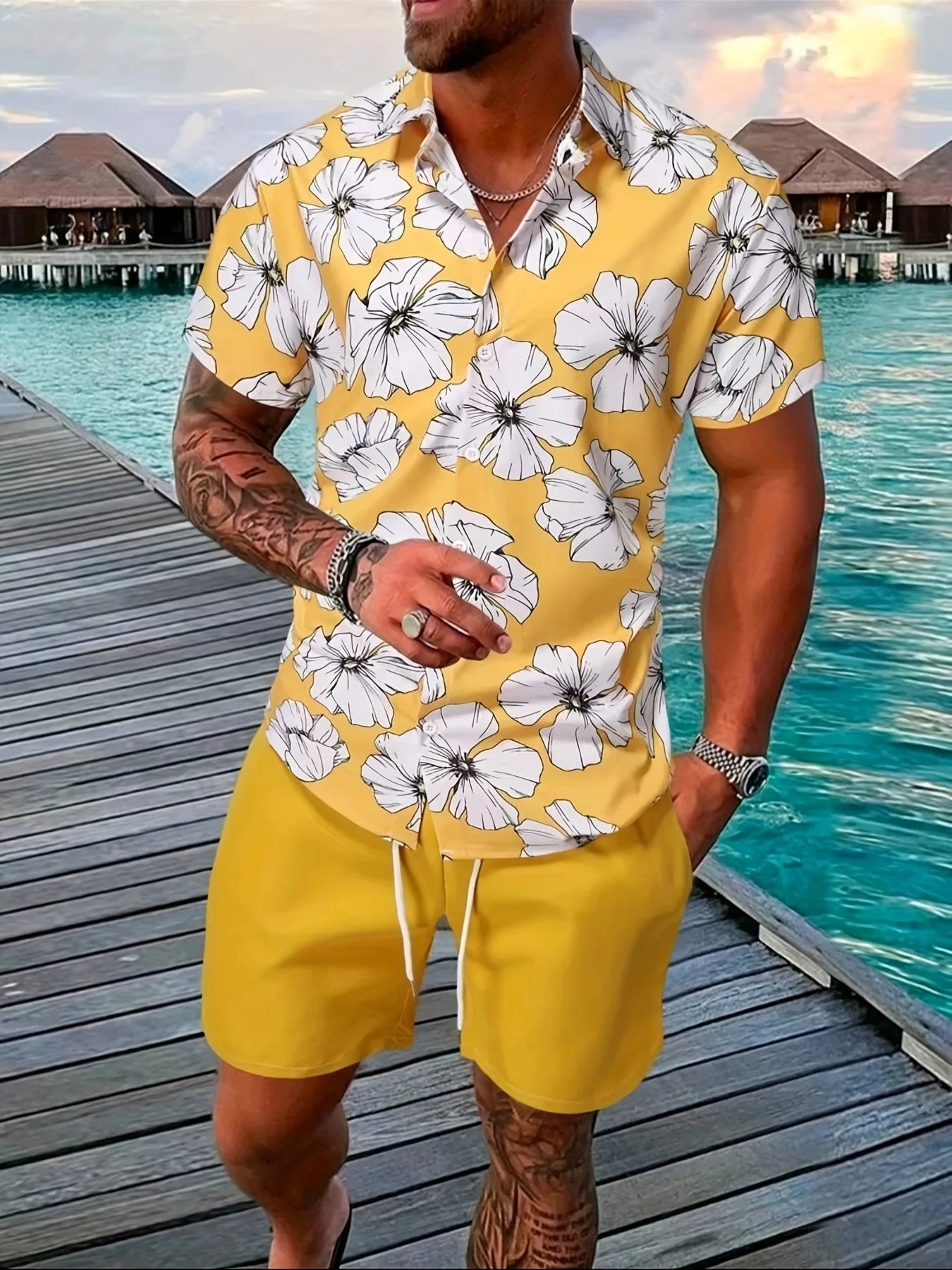 Men 2PCS Fashion Shirts+Shorts Hawaii Beach lapel Shirt Set.  S-5X
