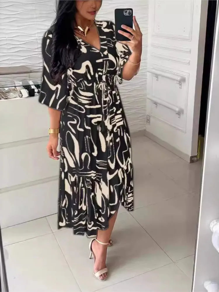 Long Dress Printed Elegant Women Elastic Waist Casual Half Sleeve A-line Dress.  S-3X