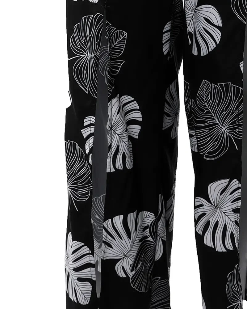 Ladies Solid Cut-out Tank Top & Tropical Print Split Wide Leg Pant Set