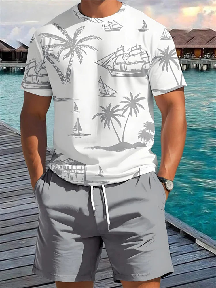 Summer 2 Piece Casual Everyday Men's Short Sleeve Shorts Set Hawaiian Print Men's Beach Shorts Sets.  XS-6X