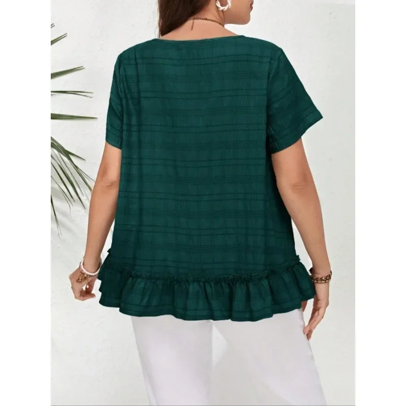 Plus Size 1XL-5XL Women's Casual and Fashionable Ruffled Round Neck Short Sleeved Shirt.