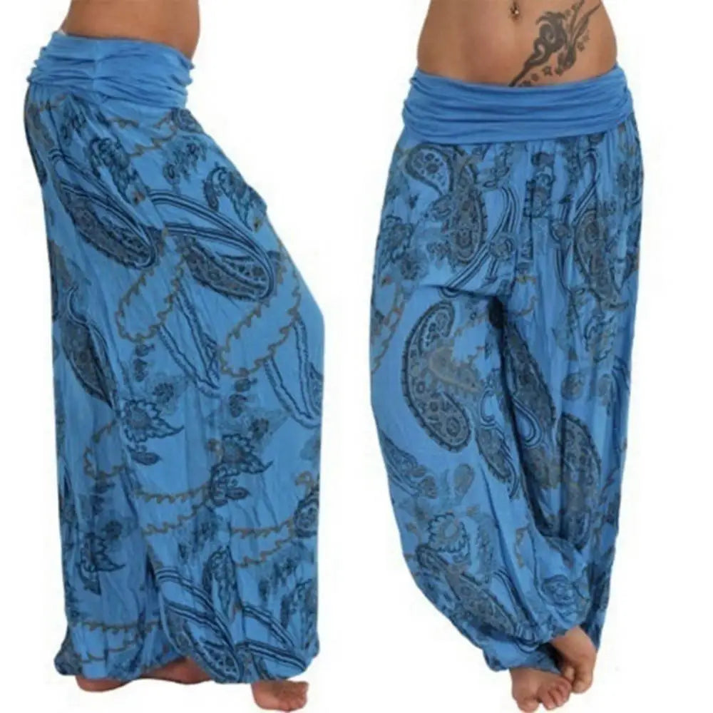 Ladies Boho Loose Pants Paisley Print High Waist Ankle Tied .