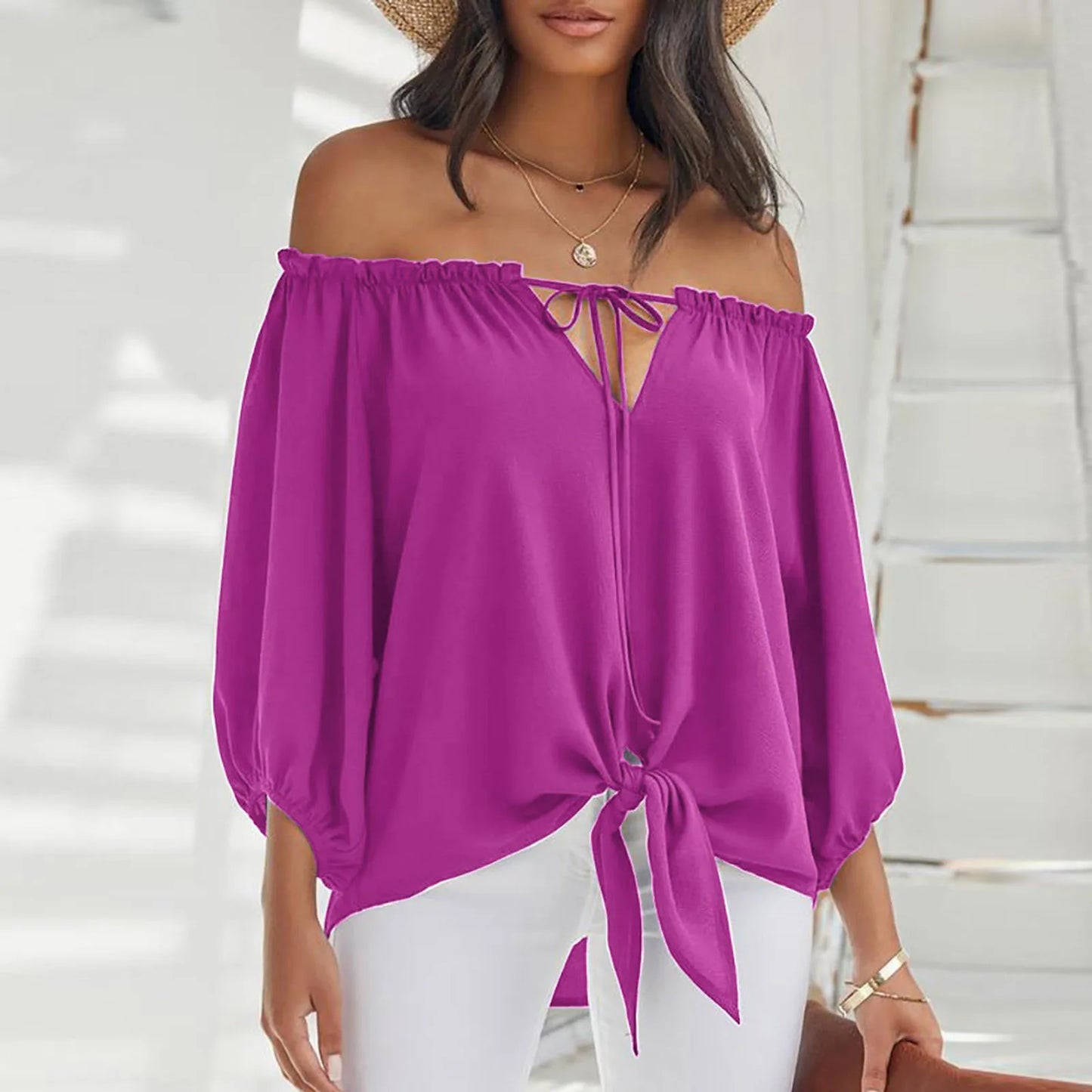 Summer Blouse Sexy Off Shoulder Elegant Women Tops Half Sleeve Casual Loose Solid Colour Tie Blouse