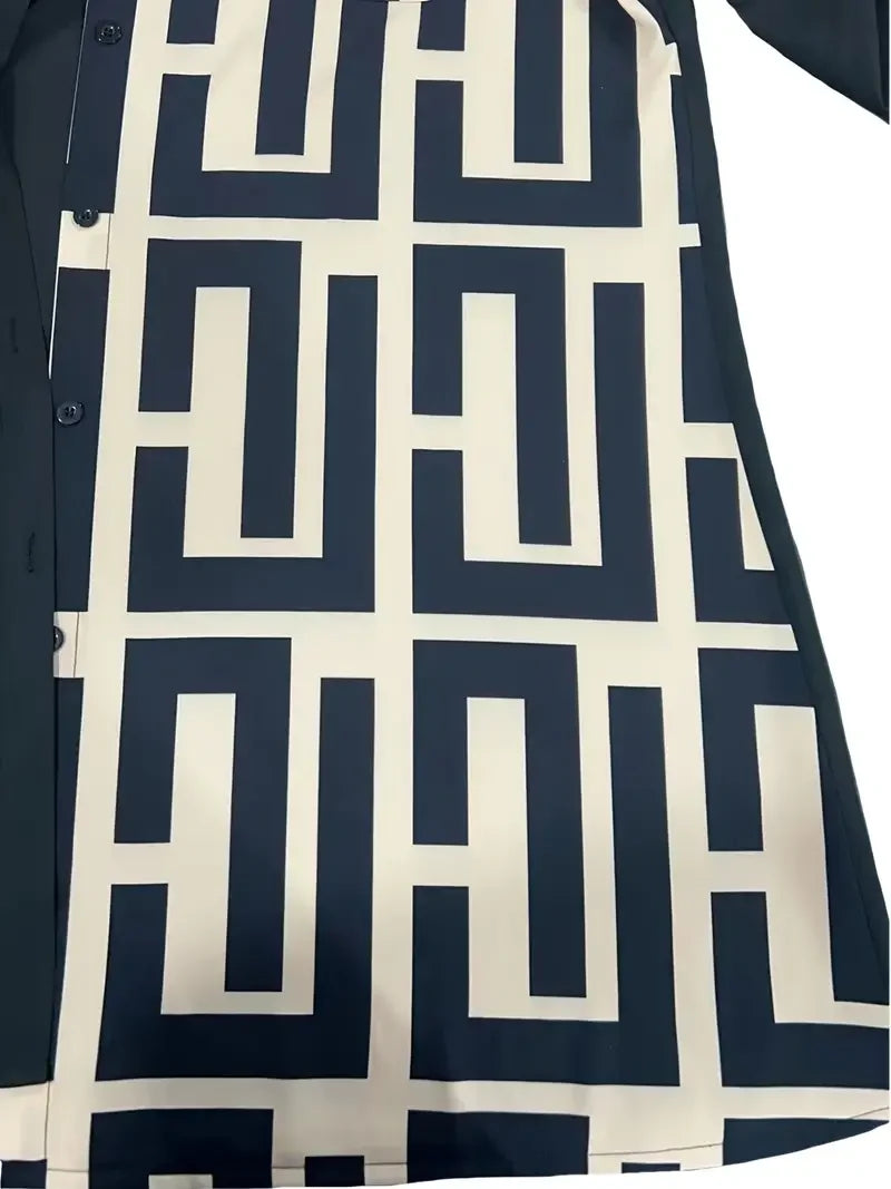 Plus Size 1XL-5XL Women's Elegant Button-Up Shirt with Geometric Print and Black Accents Long Sleeve Shirt.