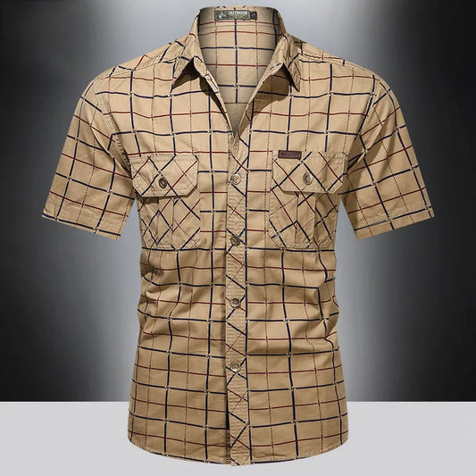 Checkered  top quality short sleeved shirt for men 2025 new summer thin business pure cotton loose oversized elegant striped shirt.  M-5X