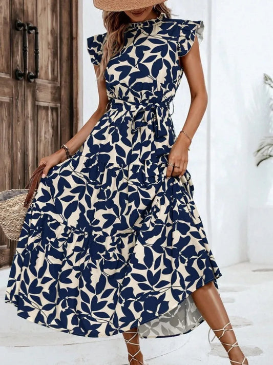 Elegant Women's Flower Midi Dress New Summer Fashion Stand Collar Flying Sleeve Dress Casual Dress.  S-2X