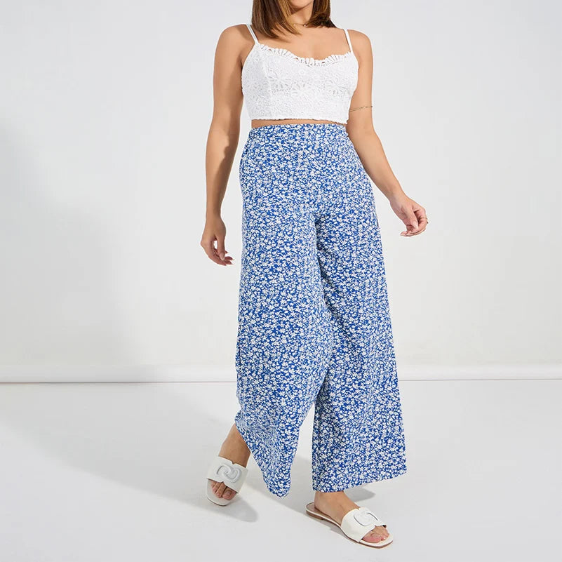 Plus Size Women's Floral Print Trousers Elastic Waist Loose Wide Leg.