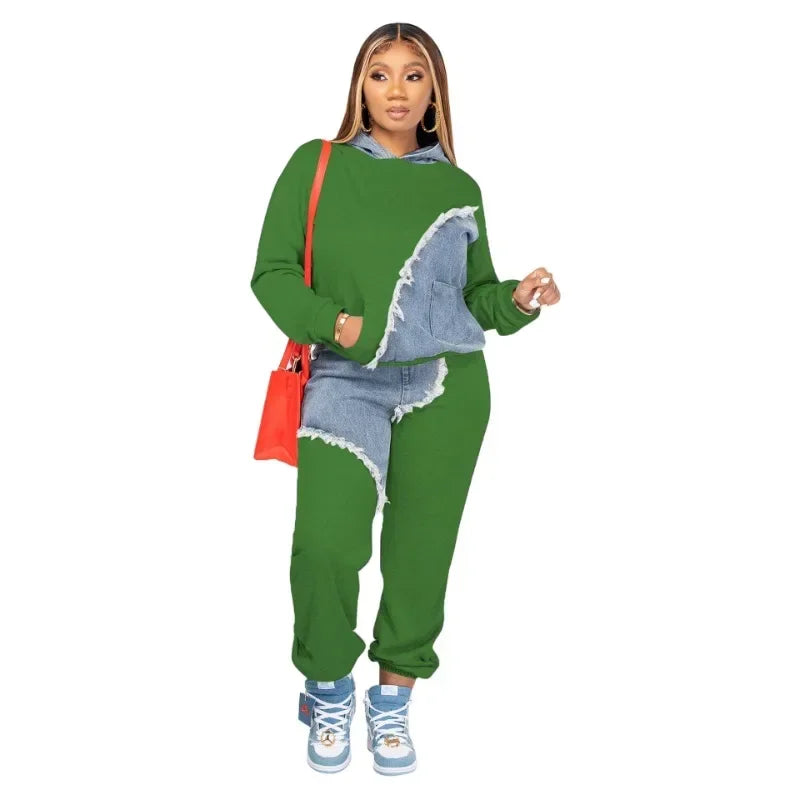 Women Denim Pocket Design Hoodie Top & Loose Pants Two Piece Set Fashion Street-Wear.  S-3X