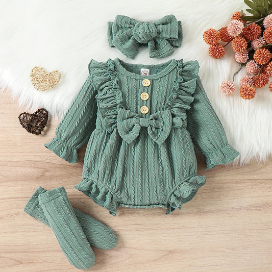 0-12M Infant Baby Girls 3Pcs Fall Outfits Long Sleeve Button Front Ruffle Romper + Socks + Headband Set Lovely Baby Girl outfit