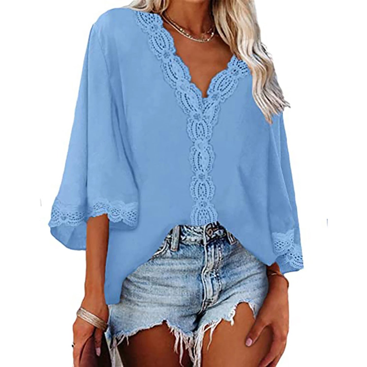 European style spring and summer new women's shirt flared sleeve V-neck loose shirt.  S-2X