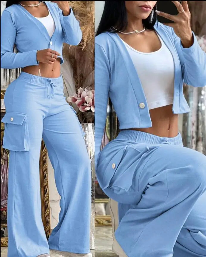 Women's New Fashionable Solid Colour Short Top Casual Pants Set For Women.  S-2X