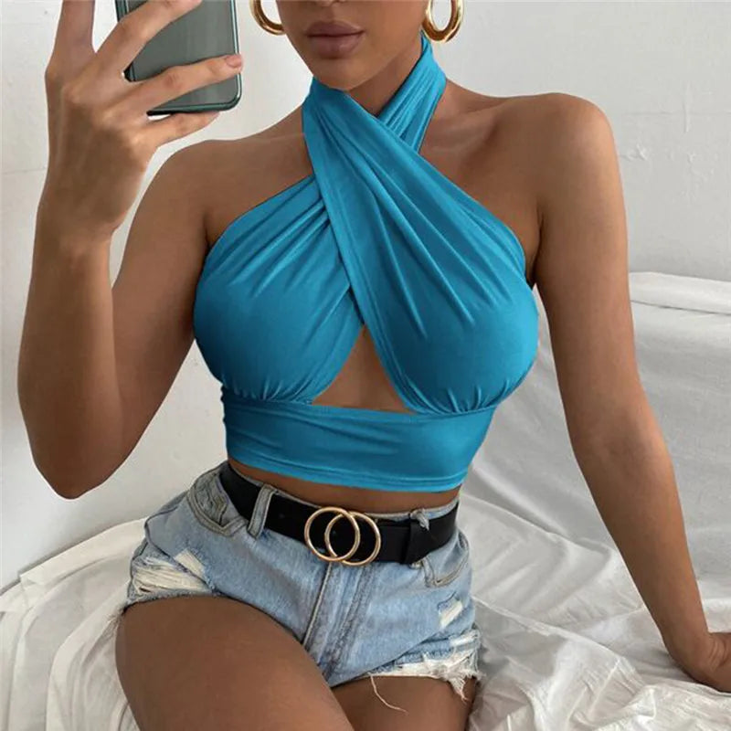 Women Cross Halter Neck Crop Top Sleeveless Backless Sexy Hollow Out Tank.
