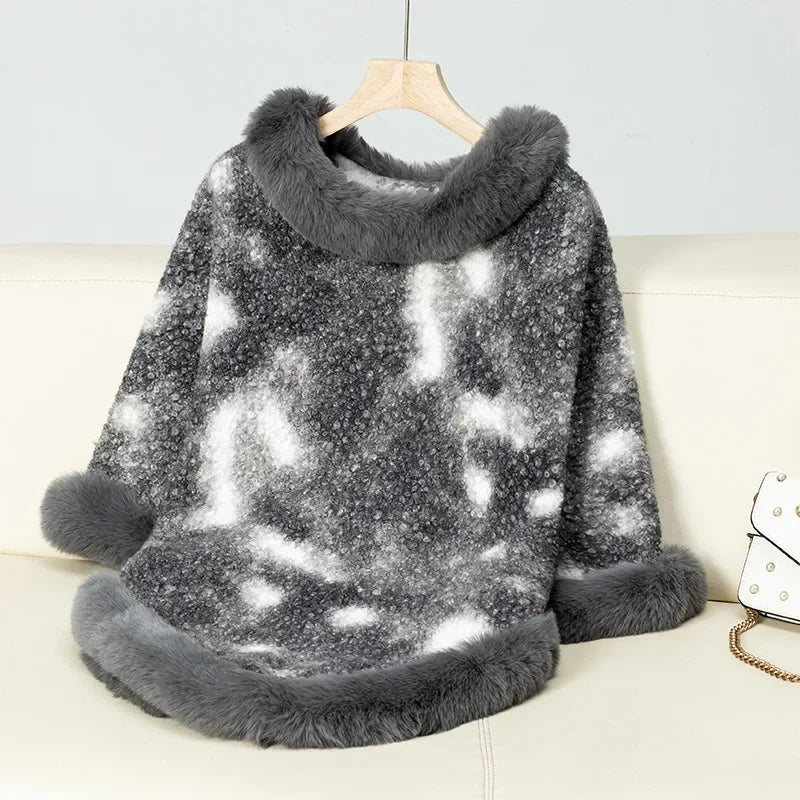 Knitted Cloak Sweater Printed Shawl Outwear Warm Thick Fur Collar Casual Loose Poncho Batwing Sleeve