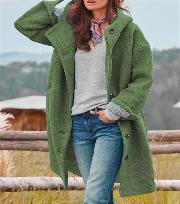 Ladies Retro Style Woolen Coat New Autumn Winter Fashion Outerwear Polyester Fiber Hooded Loose Fit Coat.  S-3X