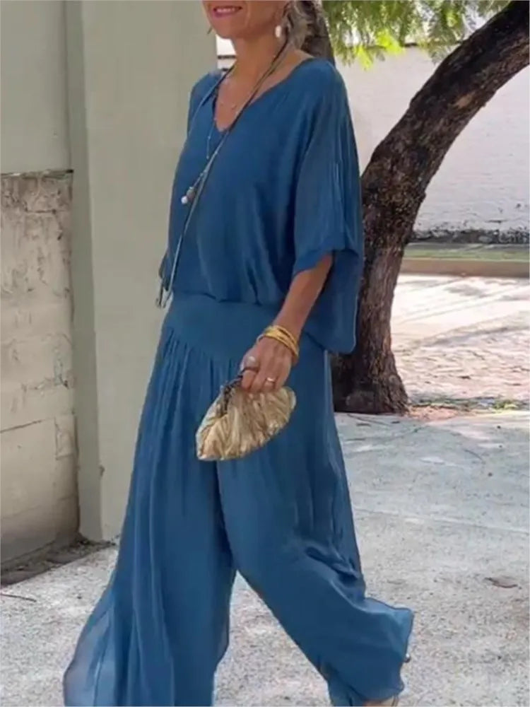 Women's Sexy V-neck Short Sleeved Top And Wide Leg Pant Set Chiffon Casual Loose Outfit.  S-3X