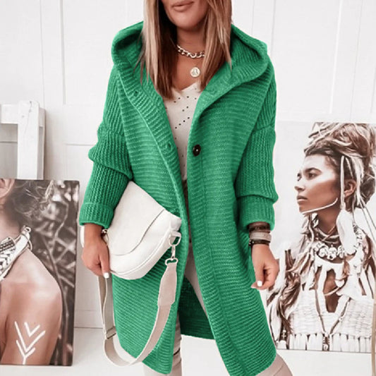 Women Solid Hooded Button Long Sleeve Cardigan Sweater Casual Loose Outwear.  S-XL