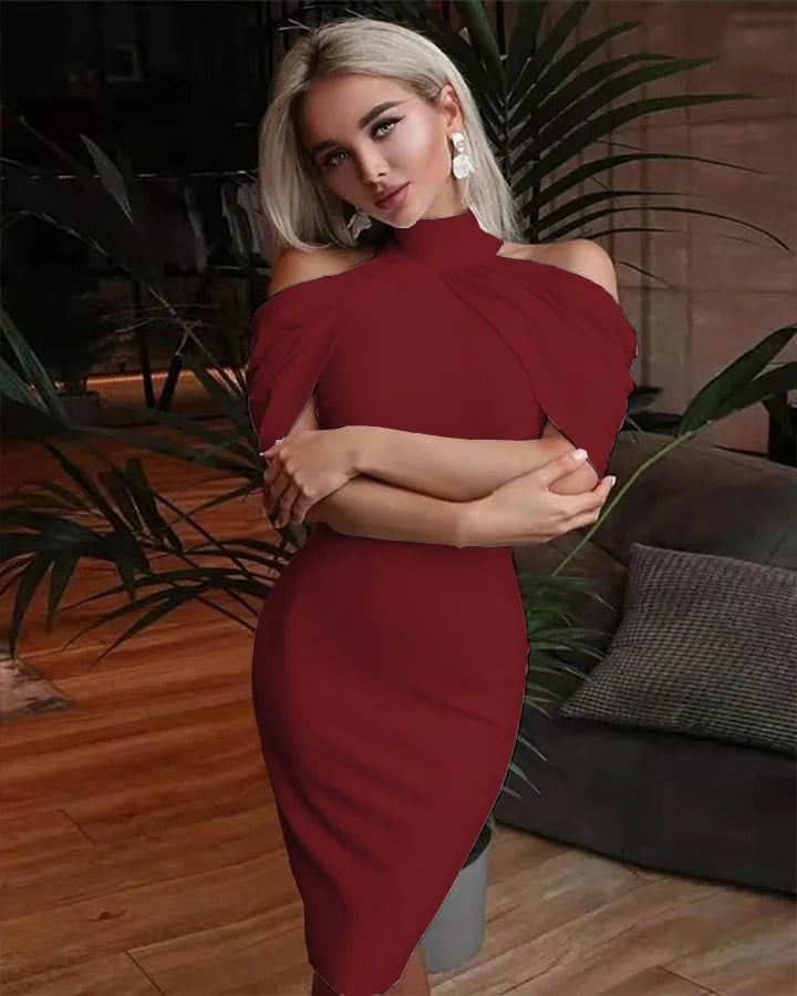 New Solid Colour Slim Midi Halter Neck Off Shoulder Elegant Party Dress.  S-3X