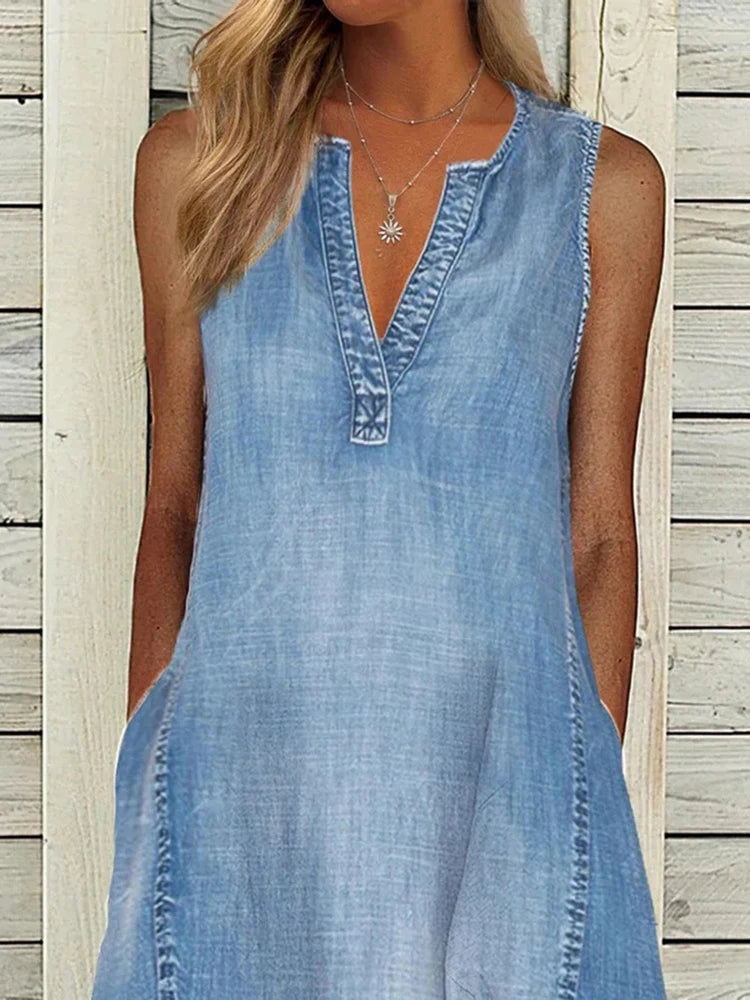 Summer Sleeveless Dress Sexy V-neck Blue Denim Loose Midi Dress Pockets Casual Long Dress.  S-3X