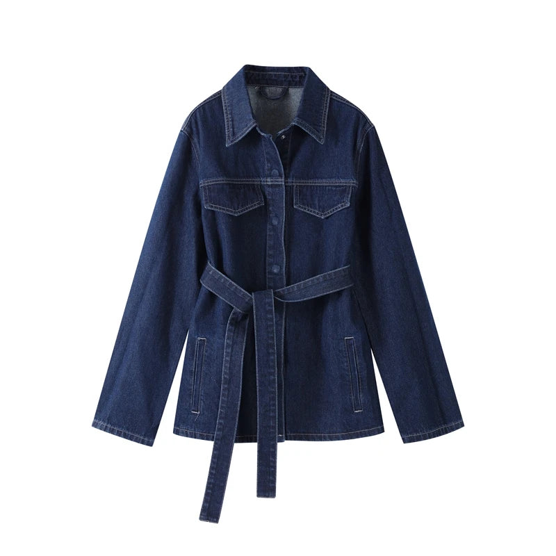 Chic Denim Lapel Jacket Long Pant Woman's Set Retro Single Breasted Jackets With Belt Straight Trouser Sets Lady Classic Outfits.   S-L