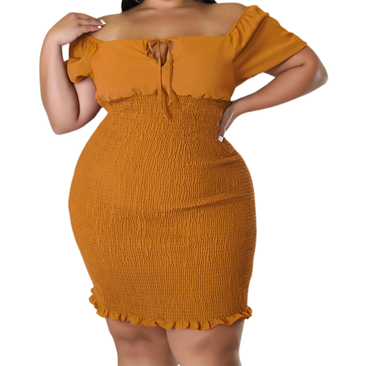 Summer Womens Plus Size Dress Sexy Short Sleeve Off Shoulder Ruffles Bodycon Sexy Solid Dress